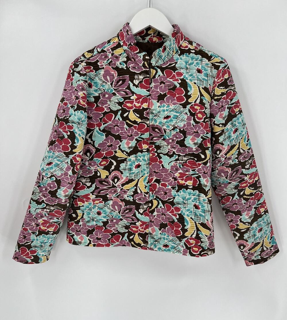 Silk Land Jacket Womens Large Floral Multicolor Pleated Quilt Full Zip Vintage